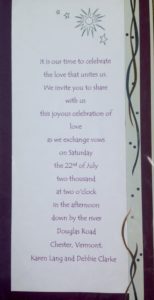 gay wedding invitation to our civil union in Vermont 2000